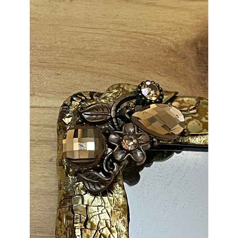 Signed Ettie Artisan Mirror Gold Leaf‎ Smoky Topaz Crystals Vanity Compact